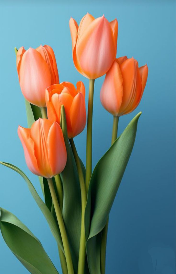 three orange tulips in a vase on a blue background