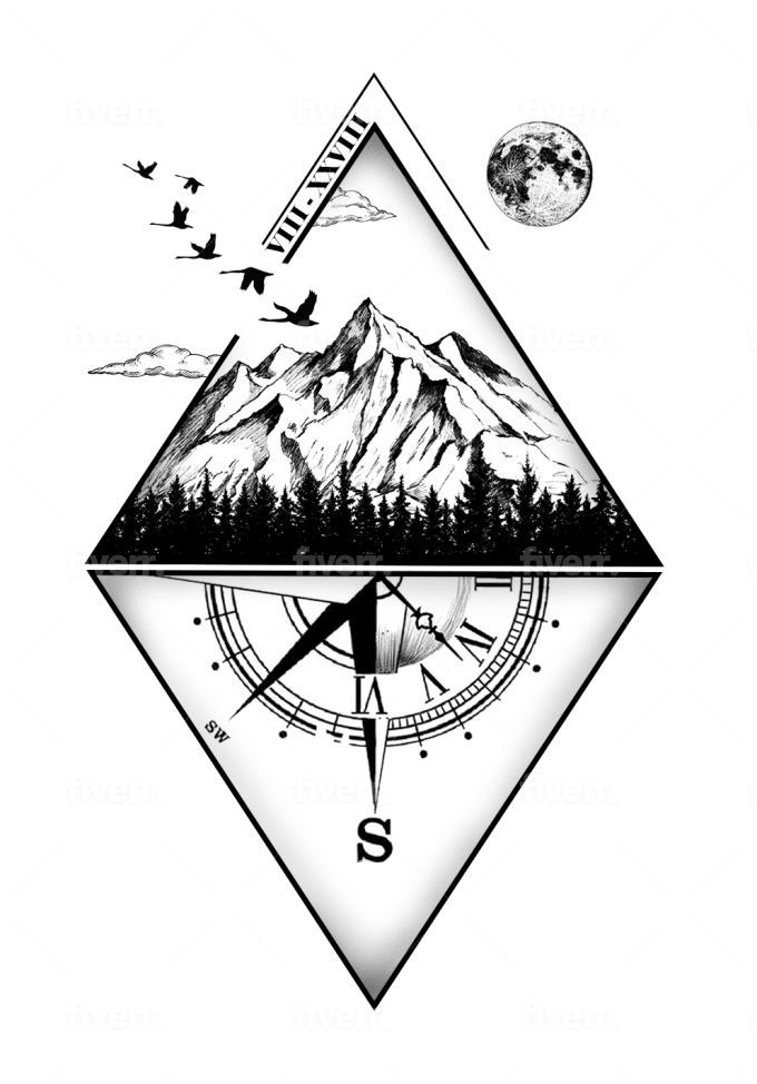 a compass with mountains and birds in the background