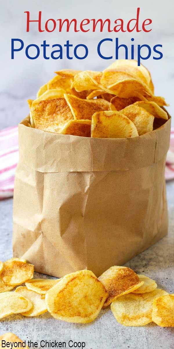 homemade potato chips in a paper bag