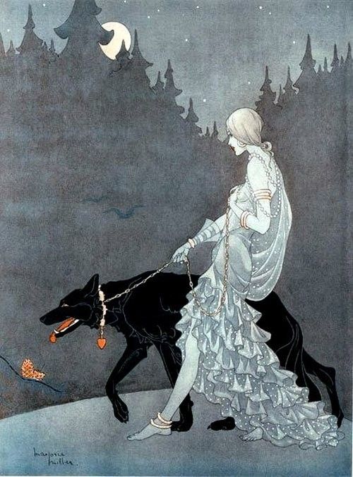 a woman in a white dress walking a black dog