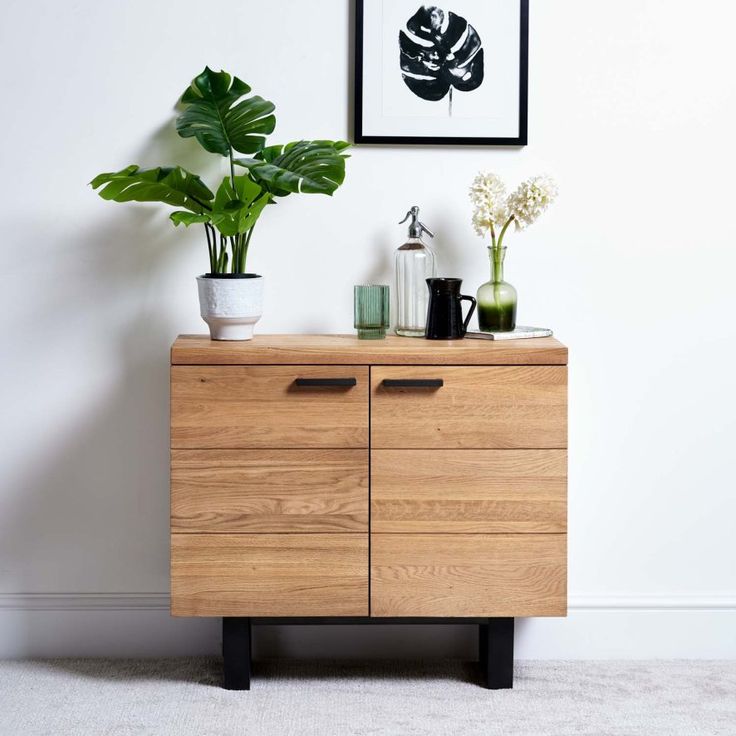 a plant is sitting on top of a wooden cabinet next to a potted plant