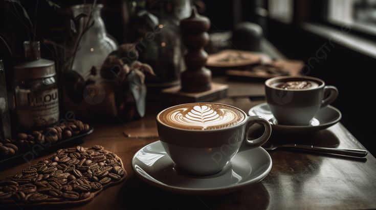 two cups of cappuccino sit on a table next to coffee beans and cinnamons