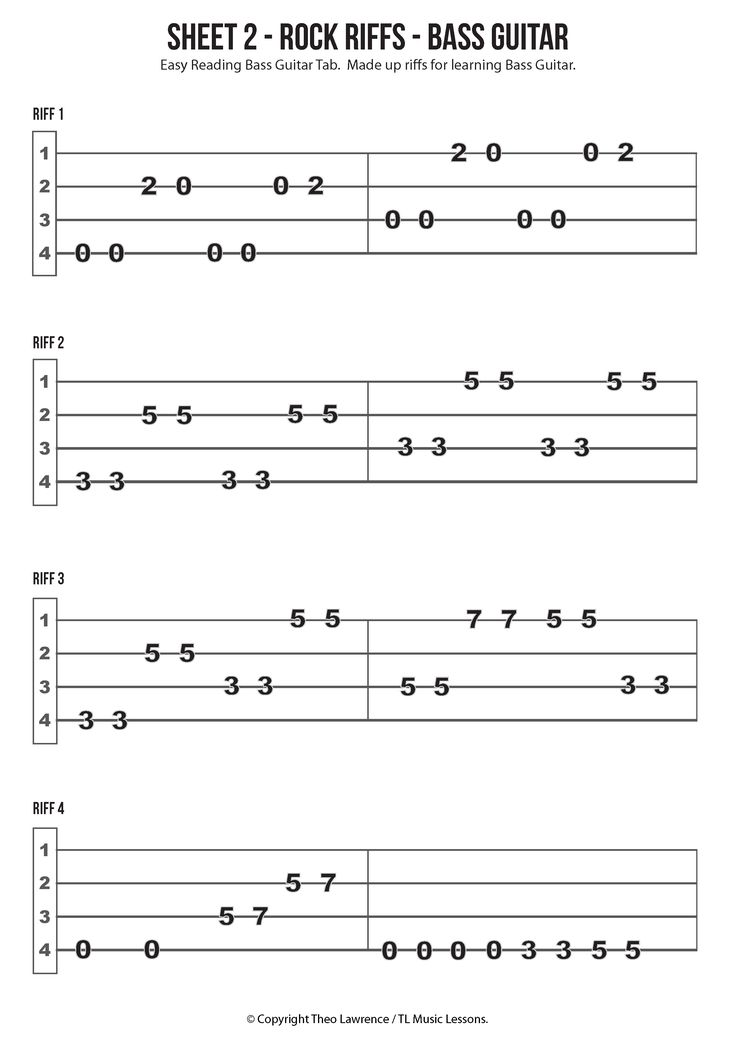 Sheet 2 - Rock Riffs for Learning Bass Guitar Bass Chords Songs, Bass Tabs Sheet Music, Bass For Beginners, Bass Guitar Notes Sheet Music, How To Read Guitar Tabs Sheet Music, Bass Guitar Chords Songs, Bass Guitar Chords Beginner, How To Play The Bass Guitar, Easy Bass Guitar Riffs