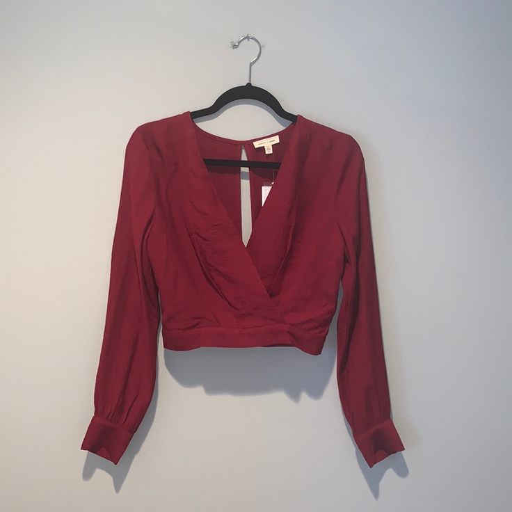 Never Worn, Tags Attached, So Cute! Elegant Red Crop Top For Spring, Elegant Red Spring Crop Top, Burgundy V-neck Top For Date Night, Red Elegant Cropped Top, Elegant Red Cropped Top, Fitted Red Cropped Blouse, Urban Outfitters Long Sleeve, Long Sleeve Crop, Long Sleeve Crop Top