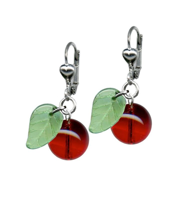 Create a sweet and timeless look in our cherry earrings! These fun earrings feature a red cherry with a single green glass leaf. Lightweight and easy to wear! Can be paired with our matching necklace and bracelet to make a set! Made in our sunny studio in Los Angeles, CA *Cherry measures approx .50" round *Leaf measures approx .25" tall by .25" wide *Hypoallergenic *Silver plated lever back earrings *High quality construction Rockabilly Earrings, Green Cherries, Hardware Jewelry, Cherry Earrings, Necklace Extender, Retro Jewelry, Necklace Box, Matching Necklaces, Style Earrings