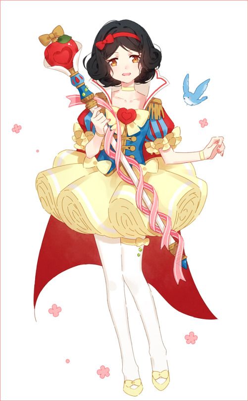 a woman dressed as snow white holding an apple and wearing a red cape with flowers on it