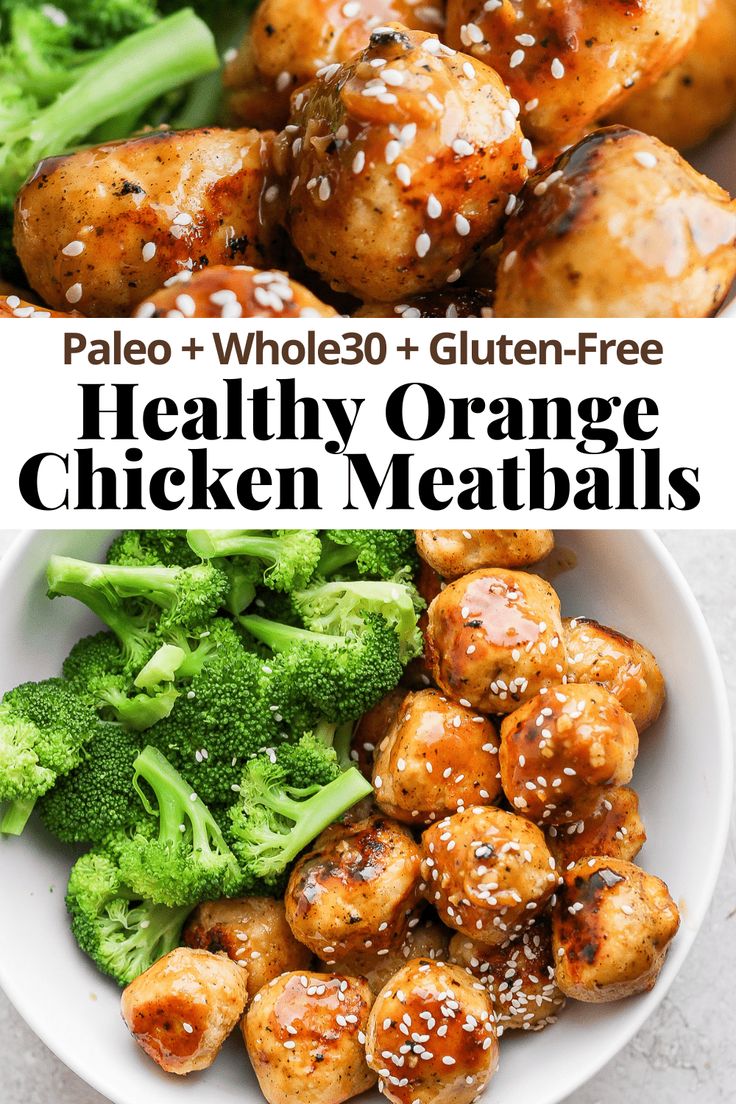 healthy orange chicken meatballs with sesame seeds and broccoli in a white bowl