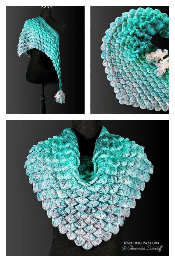 crocheted shawl with white flowers on it and two pictures of the same scarf