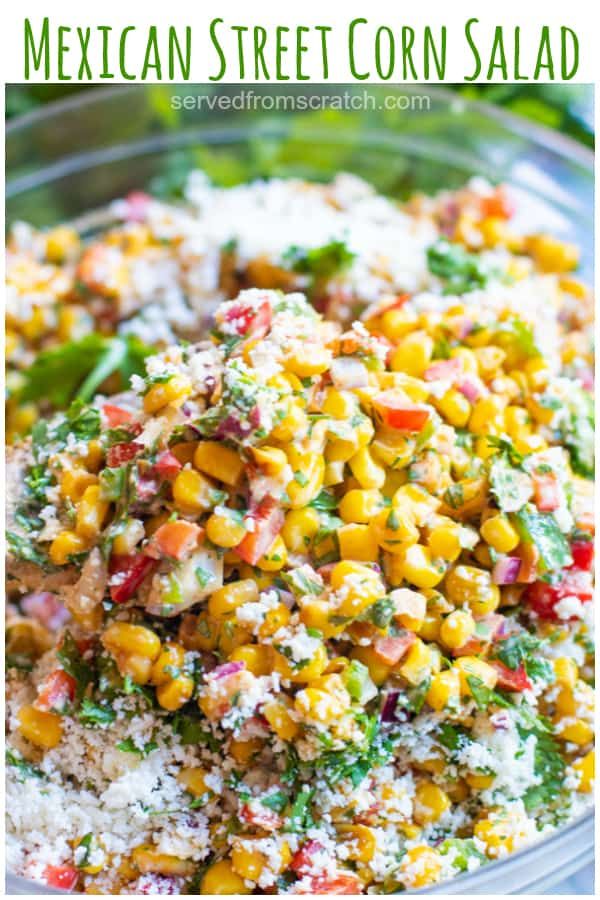 mexican street corn salad in a glass bowl