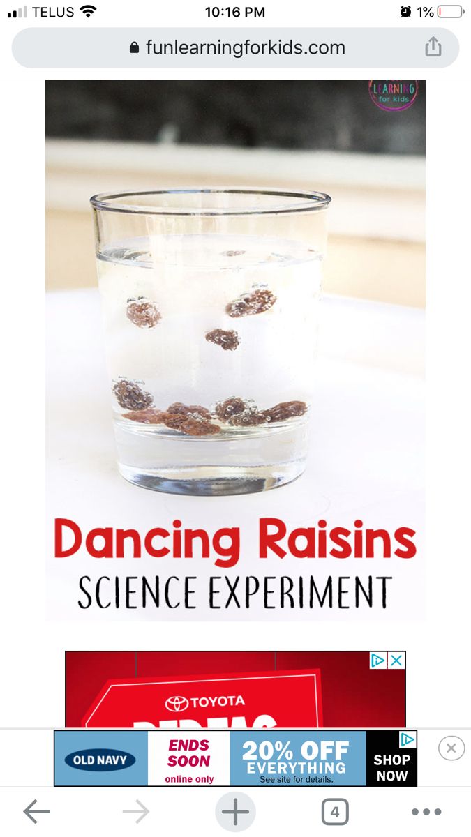 an advertisement for the science experiment is displayed on a cell phone screen with text reading dancing raisins science experiment