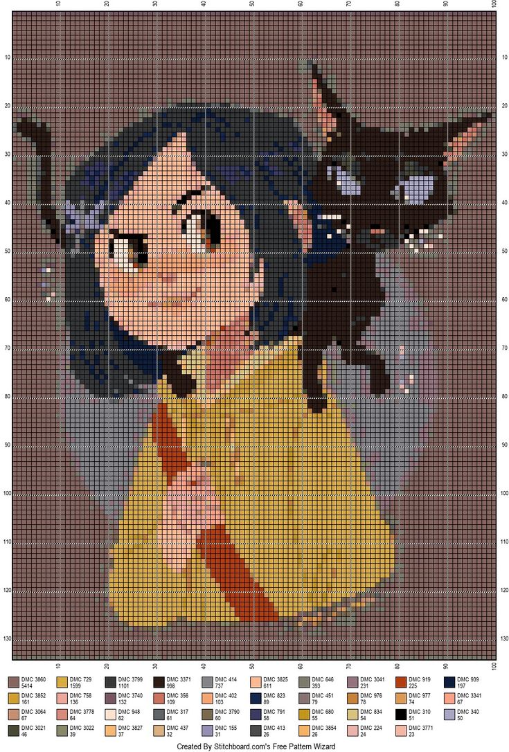 a cross stitch pattern with a girl and a cat on her shoulder, in front of a brown background