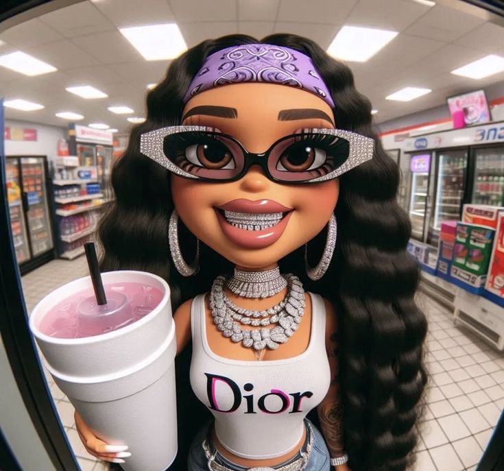 a doll with glasses holding a drink in a store