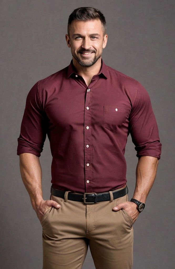 Burgundy Shirt Outfit Men Formal, Brown Skin Men Outfit, Khaki Shirt Outfit For Men, Burgundy Shirt Outfit Men, Bodybuilder Outfit, Look Casual Hombre, Formal Jeans, Business Casual Attire For Men, Formal Attire For Men