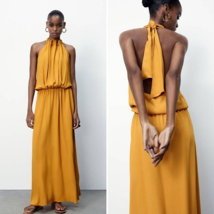 Nwt Zara Limited Edition Yellow Halter Maxi Dress Pleated Top Lined Backless Size L Chic Mustard Maxi Length Dresses, Chic Mustard Maxi Dress For Party, Yellow Halter Neck Dress For Date Night, Elegant Yellow Midi Dress For Beach, Yellow Halter Neck Maxi Dress For Spring, Chic Mustard Dresses For Beach, Yellow Halter Neck Midi Dress For Beach, Chic Sleeveless Mustard Maxi Dress, Zara Yellow Maxi Dress For Spring