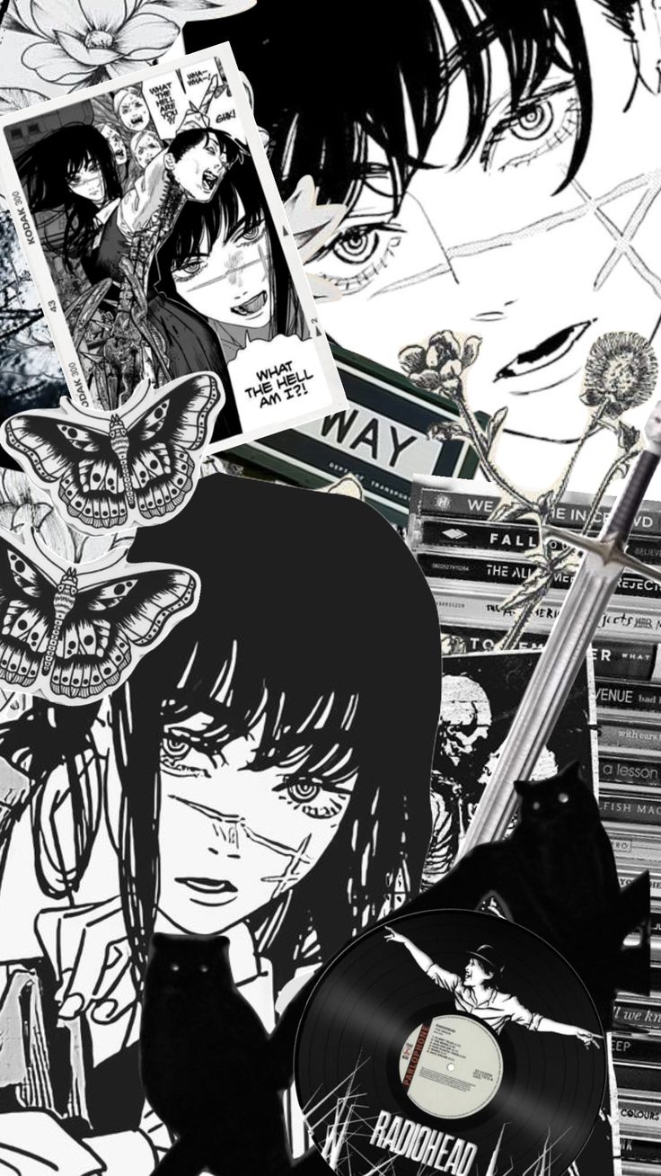 an image of anime characters surrounded by books and vinyl records on the floor in black and white