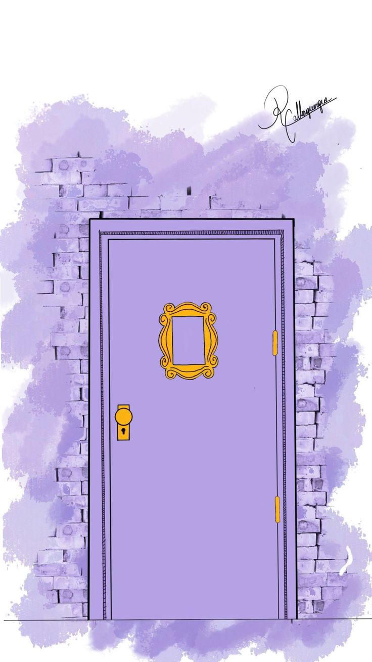 an illustration of a purple door with a gold frame