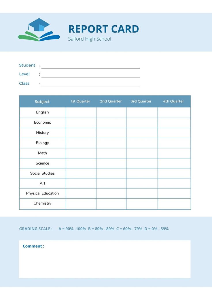 the report card is shown in blue and white