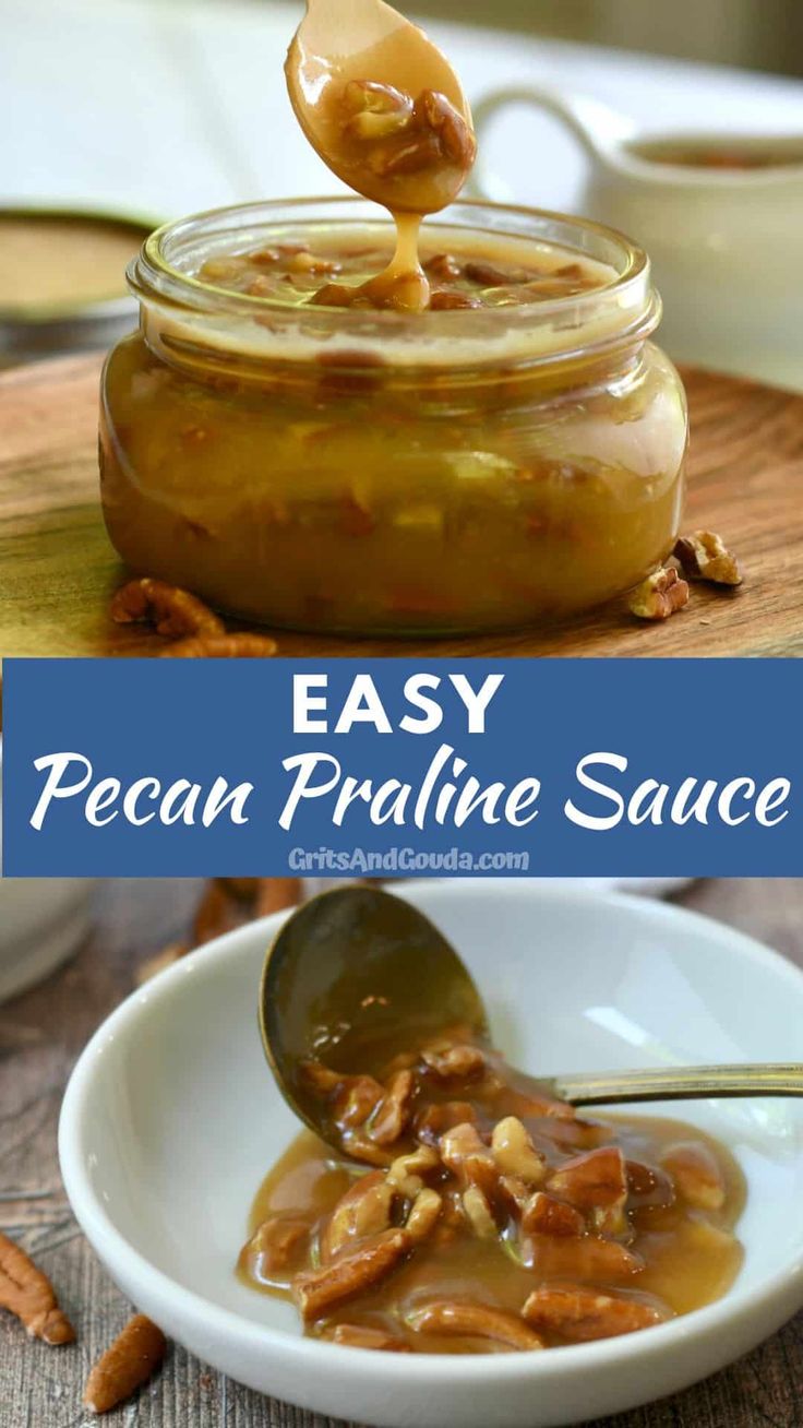 easy pecan praline sauce in a jar with spoon