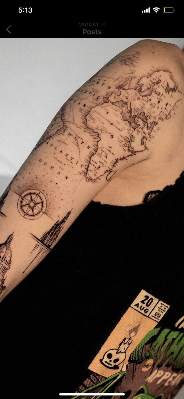 Unique & Creative Travel Tattoo Ideas For Men Men’s Sleeve Tattoo Ideas Geometric, Shoulder Map Tattoo, World Sleeve Tattoo, World Map Shoulder Tattoo, World Map Line Art Tattoo, World Map Travel Tattoo, World Map Tattoo Women, World Map Tattoo Thigh, Map Tattoo Women