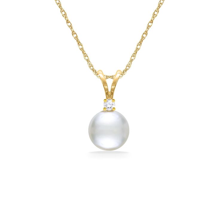 14K Yellow Gold Pendant with a 6-7mm White Akoya Pearl and a 0.02 Carat Diamond. 17" 14K Yellow Gold Chain included. The pendant measures approximately 1" in total length. Classic 14k Yellow Gold Solitaire Necklace, Classic 14k Gold Pearl Necklace, Classic 14k Gold Necklaces, Classic Yellow Gold Necklaces, Classic Yellow Gold Necklace, Classic Round 14k Gold Pearl Necklace, Classic 14k Yellow Gold Pearl Necklace, 14k Yellow Gold Solitaire Necklace For Formal Events, Formal 14k Yellow Gold Solitaire Necklace