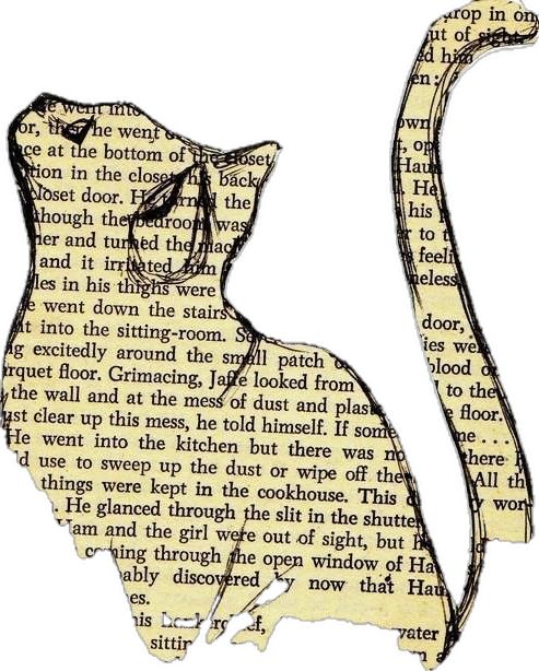 a cutout of a cat made out of old book pages