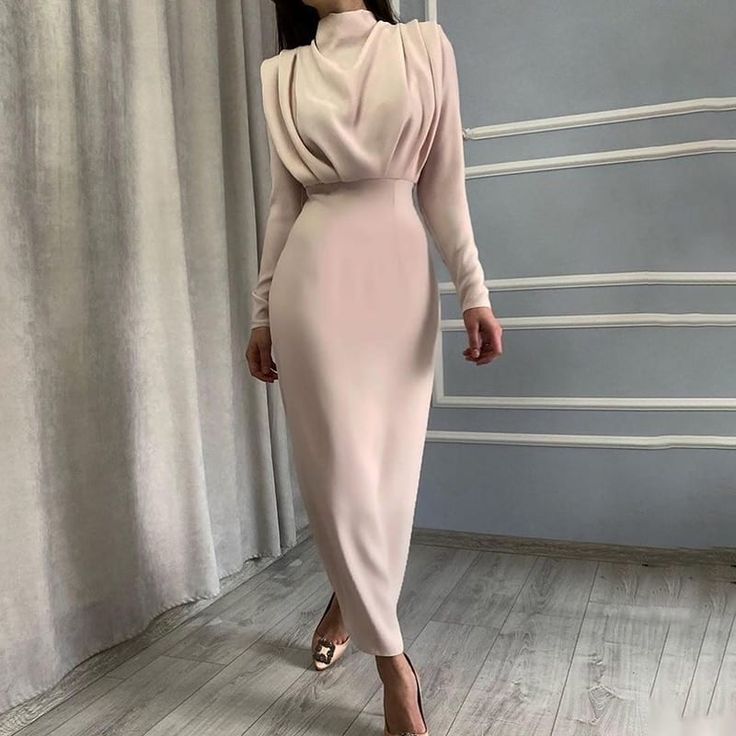 Elegant stand collar solid blue ankle length long sleeve dress Long Sleeve Elegant Dresses, Dorothy Dandridge, Vestidos Retro, Casual Party Dresses, Dress Stand, Dress Women Elegant, Elegante Casual, Elegant Dresses For Women, Crewneck Dress