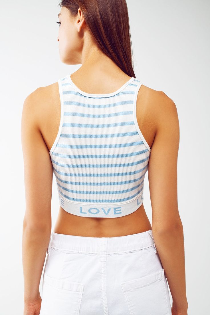 Introducing our Striped Cropped Top with Love Text in Blue, a trendy and stylish addition to your summer wardrobe. This top combines a cropped length, a playful stripe design, and a touch of love to create a chic and eye-catching look. Designed in a cropped length, this top sits perfectly at the waistline, allowing you to show off your favorite high-waisted bottoms or create a flirty and fashionable ensemble. The stripe design adds a touch of classic style, while the contrast collar adds a subtl Love Text, Contrast Collar, Top Cropped, Comfortable Tops, Comfy Fashion, Sleeveless Crop Top, Running Tops, Striped Tank Top, Cropped Style