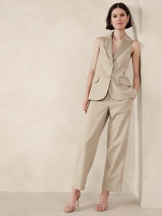 Linen-Blend Tuxedo Racer Suiting Vest | Banana Republic Factory Tailored Sleeveless Beige Vest, Beige Slim Fit Sleeveless Vest, Tailored Summer Vest With Notch Lapel, Tailored Sleeveless Summer Outerwear, Spring Outerwear Vest With Notch Lapel, Spring Vest With Notch Lapel And Pockets, Spring Vest With Pockets And Notch Lapel, Spring Notch Lapel Vest With Pockets, Spring Notch Lapel Beige Vest