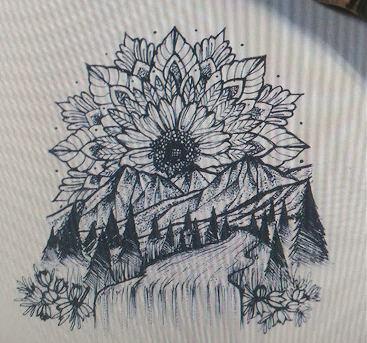 a drawing of a sunflower in the middle of a mountain with trees on it