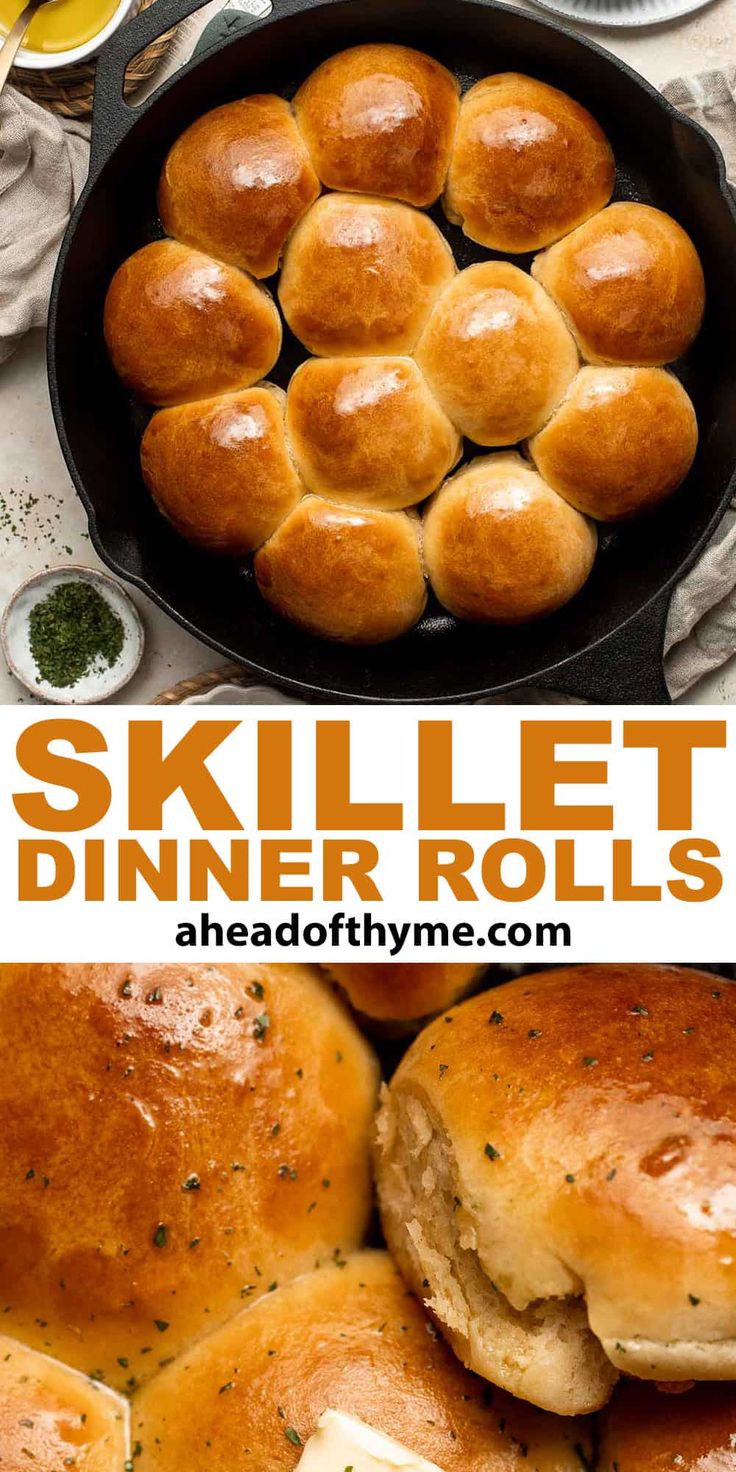 skillet dinner rolls in a cast iron skillet with butter and parmesan cheese