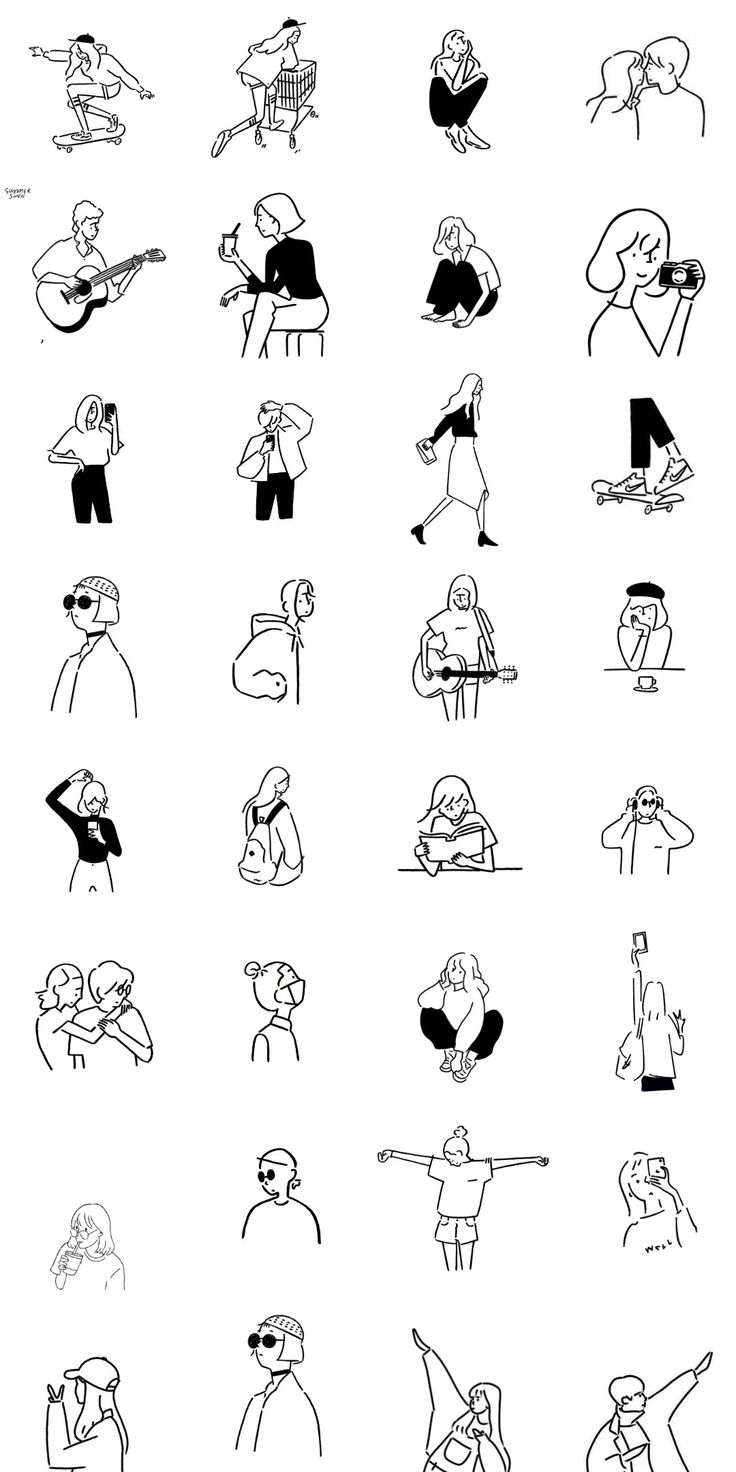 various black and white drawings of people in different poses, with one person holding a guitar