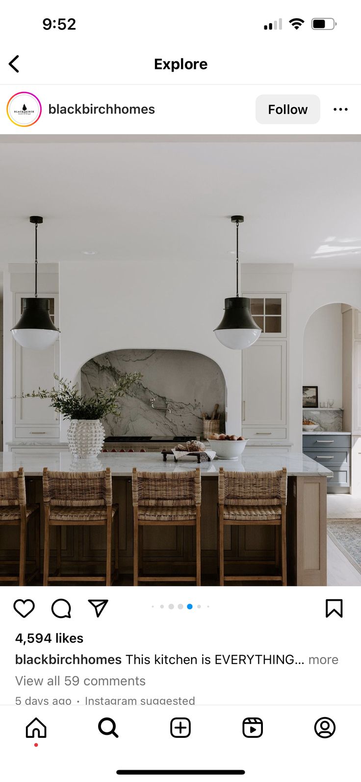 an instagramted photo of a kitchen and dining room with the text blackbird homes on it