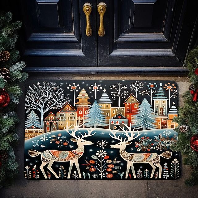 the door mat is decorated with deers and christmas trees in front of a house