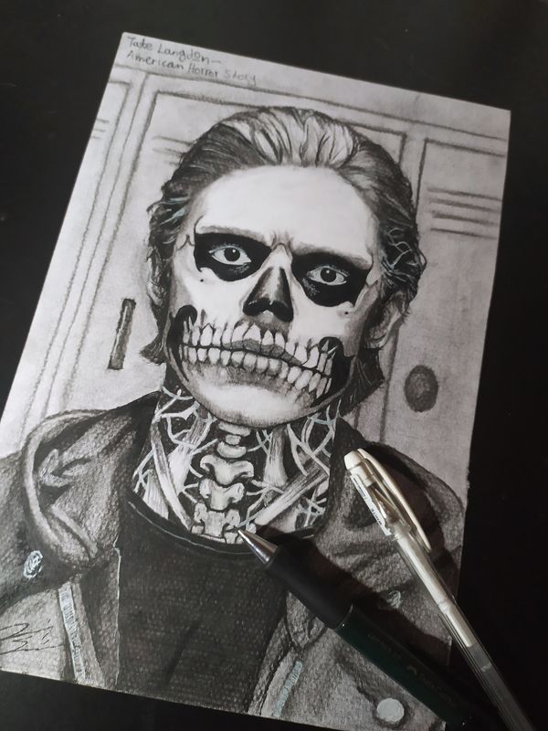 a pencil drawing of a skeleton wearing a suit and tie with his face painted black