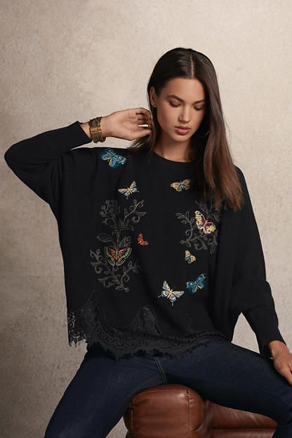 Crafted from a unique wool and cashmere blend, the Luciana Lace Butterfly Pullover creates a cozy oversized look. Featuring a crew neckline and boxy silhouette, this vibrant pullover is finished with a lace trim scalloped hemline and intricately embroidered butterflies in flight. Pair with relaxed-fit jeans and trendy ankle boots for a modern casual look. Johnny Was Women's The Lace Butterfly Pullover in Black, Size Large/XL, Cashmere Oversized Wool Top With Crew Neck, Oversized Wool Crew Neck Top, Butterflies In Flight, Embroidered Butterflies, Lace Butterfly, Embroidered Butterfly, Boho Chic Outfits, Women's Blouses, Chic Outfit