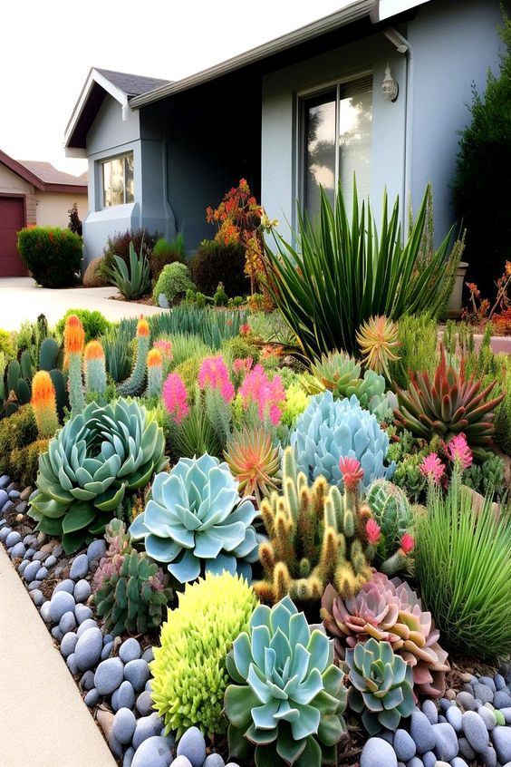 an assortment of succulents in front of a house with gravel and rocks