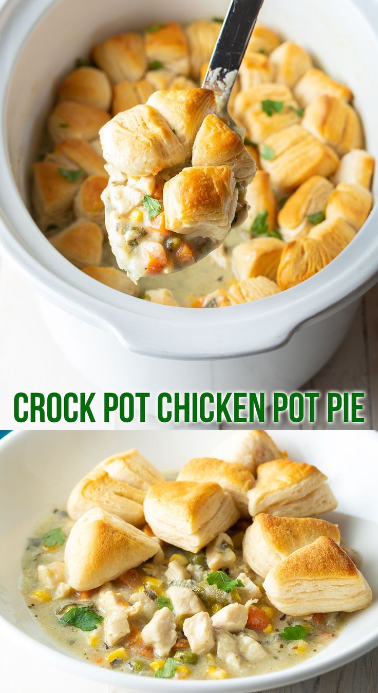 crock pot chicken pot pie in a white casserole dish