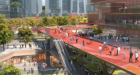 an artist's rendering of a city with lots of people walking and riding bikes