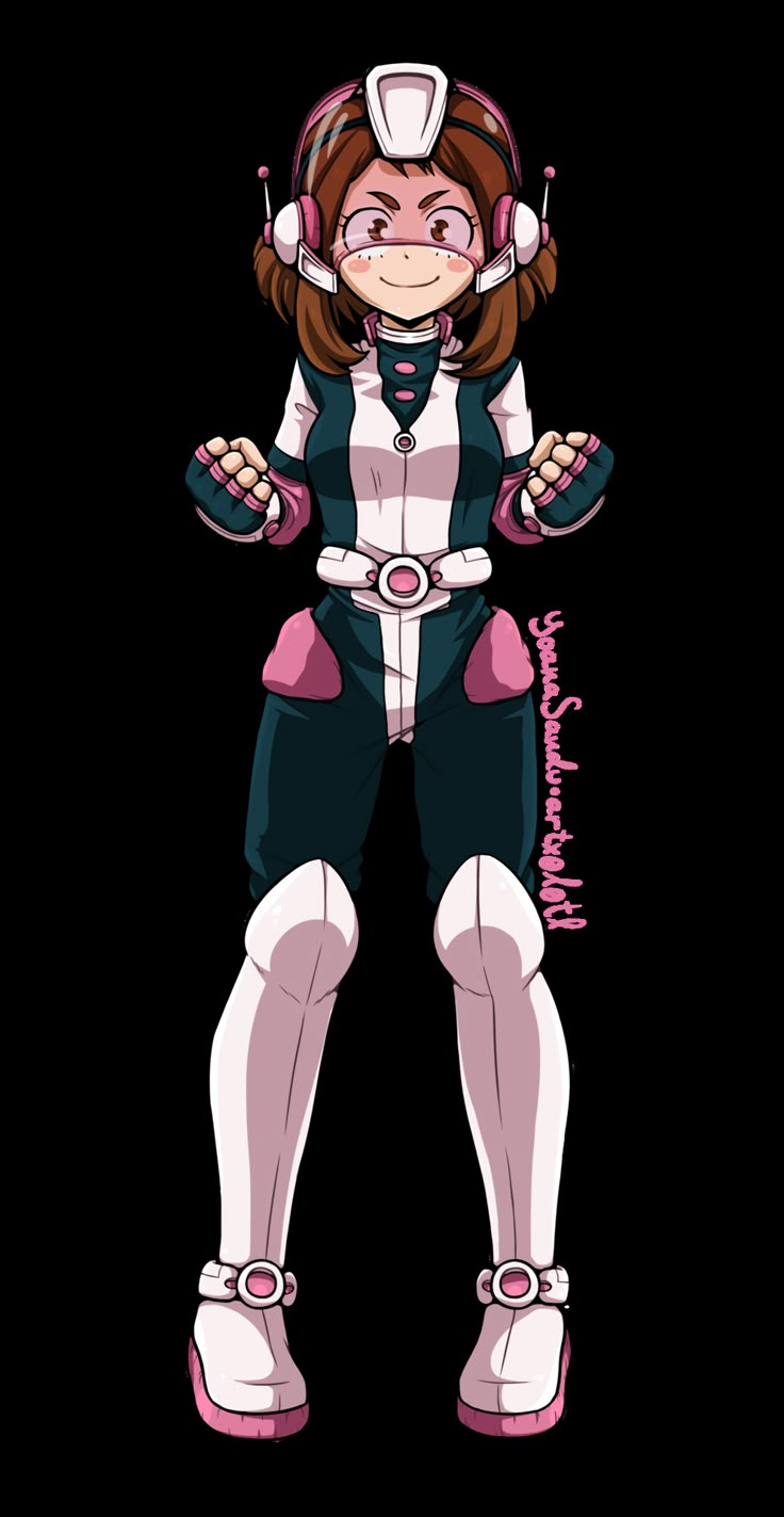 an anime character with headphones on her face and arms, standing in front of a white