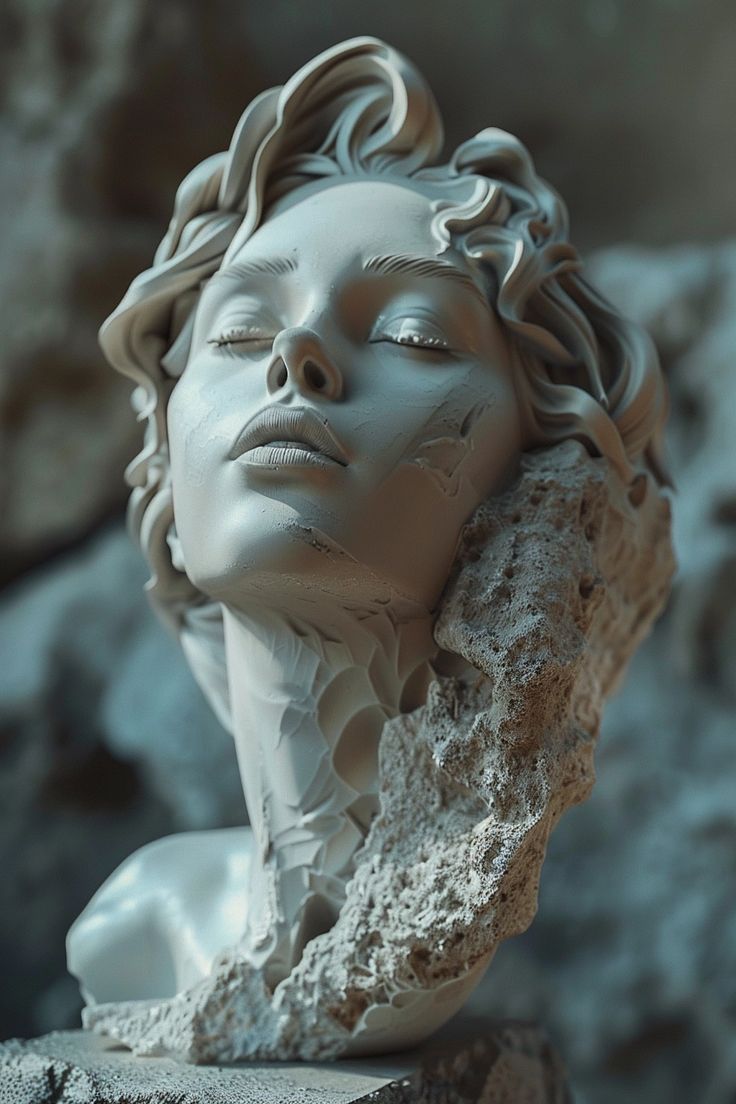 a sculpture of a woman's head resting on a rock