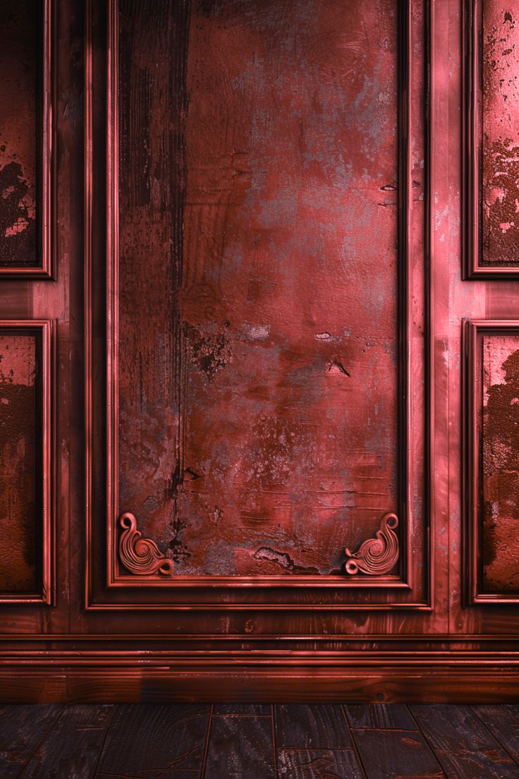 an empty room with red walls and wooden floors is pictured in this artistic photo - rendering