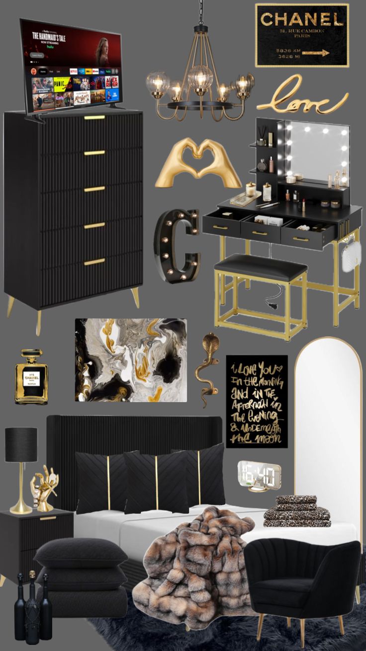 black and gold bedroom decor with chandelier, mirror, bed, chair, desk