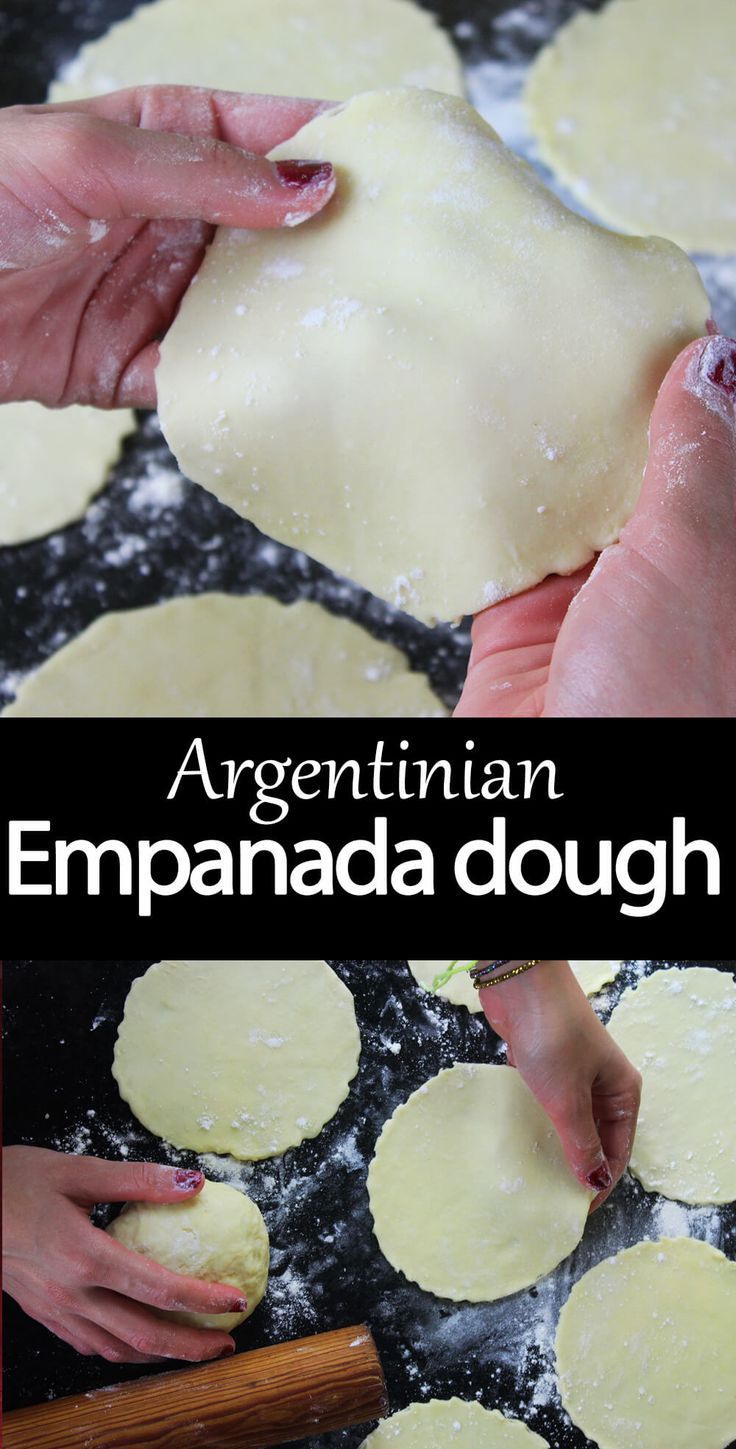 two hands are kneading pizza dough on top of a pan with the words argentinan empanada dough