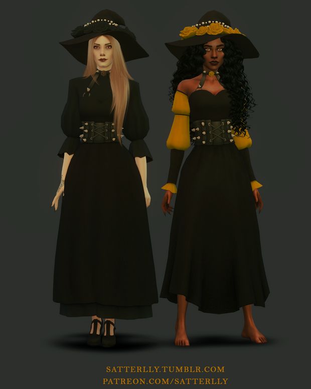 two women dressed in black and yellow are standing next to each other with long hair