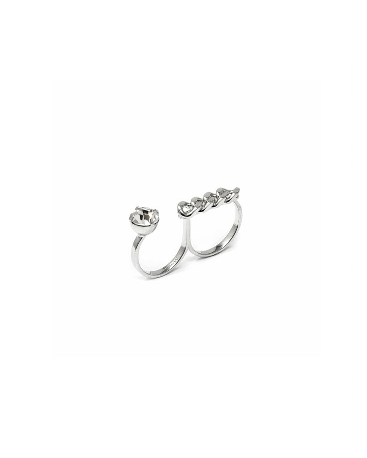 Materials: Rhodium plated brass, Swarovski crystal Length: 1.5"/ 3.8cm One Size / Adjustable Made in NYC CR31-02 Double Finger Ring, Ring Plate, Party Rings, Crystal Chain, Double Ring, Brass Ring, Ring Finger, Chains Jewelry, Free Jewelry