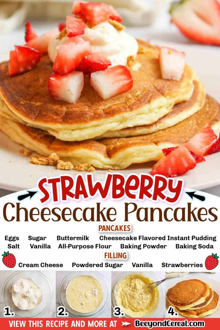 a stack of pancakes with strawberries on top and cream cheese in the middle for toppings