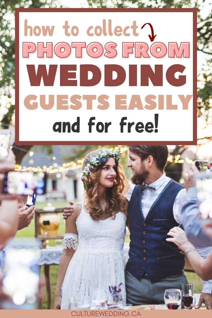 a man and woman standing next to each other in front of a sign that says how to collect photos from wedding guests easily and for free