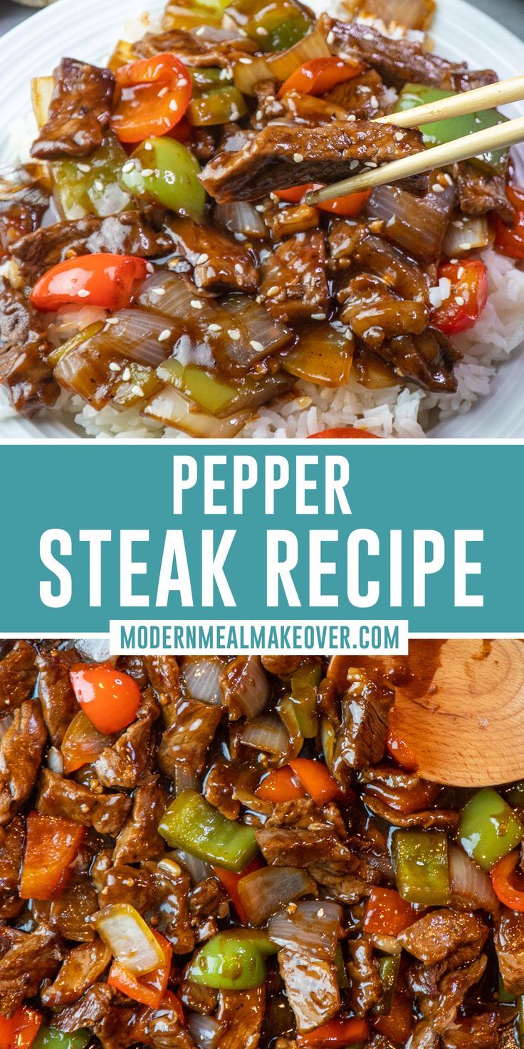 Pepper steak recipe over white rice on a plate. Pepper Steak With Onions, Peper Steak, Steak With Onions, Chinese Pepper Steak, Pepper Steak Recipe, Homemade Chinese Food, Beef Steak Recipes, Chinese Cooking Recipes, Easy Chinese Recipes