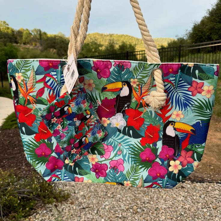 Toucan Tote Bag With Matching Coin Purse! New With Tags! Zipper Closure! Length 13” Width: 7” Depth 6” Drop Length: 10" Tropical Blue Bag For Everyday Use, Multicolor Tropical Shoulder Bag For Vacation, Blue Tropical Bag For Vacation, Tropical Multicolor Shoulder Bag For Vacation, Blue Tropical Style Bag For Vacation, Tropical Blue Bag For Vacation, Blue Tropical Rectangular Bag, Blue Tropical Vacation Bag, Blue Tropical Style Vacation Bag