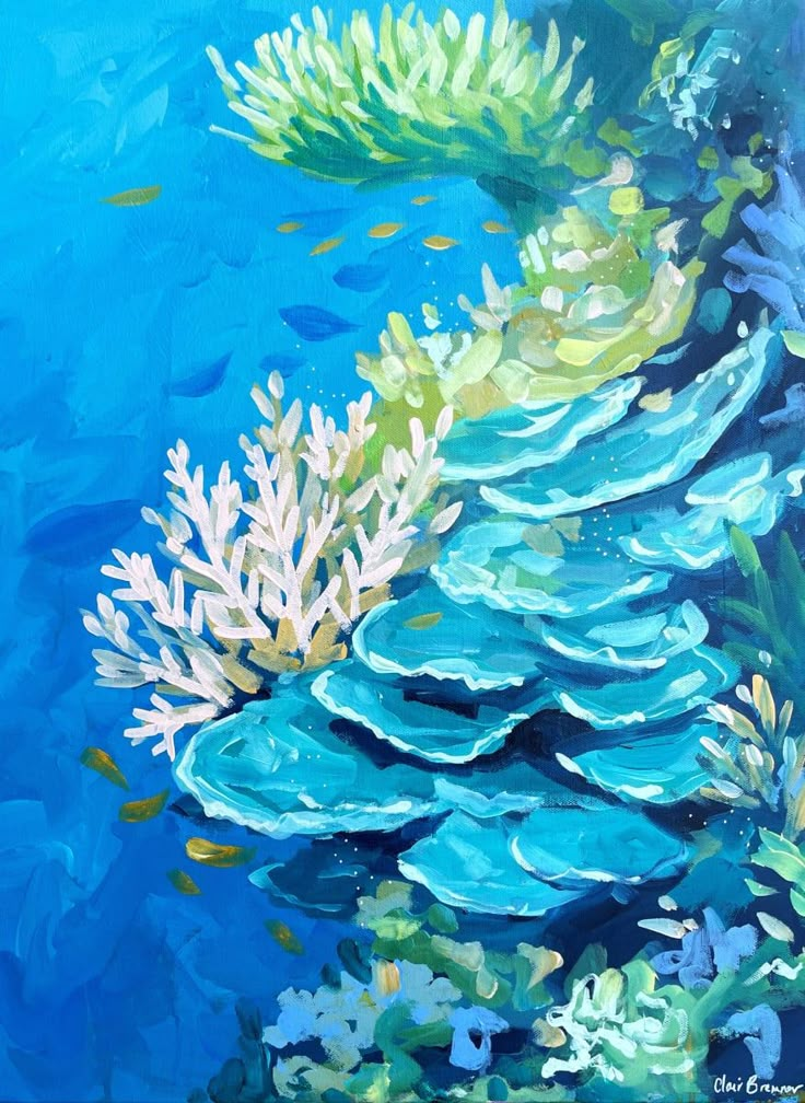 an oil painting of blue water with white corals and seaweed on the bottom